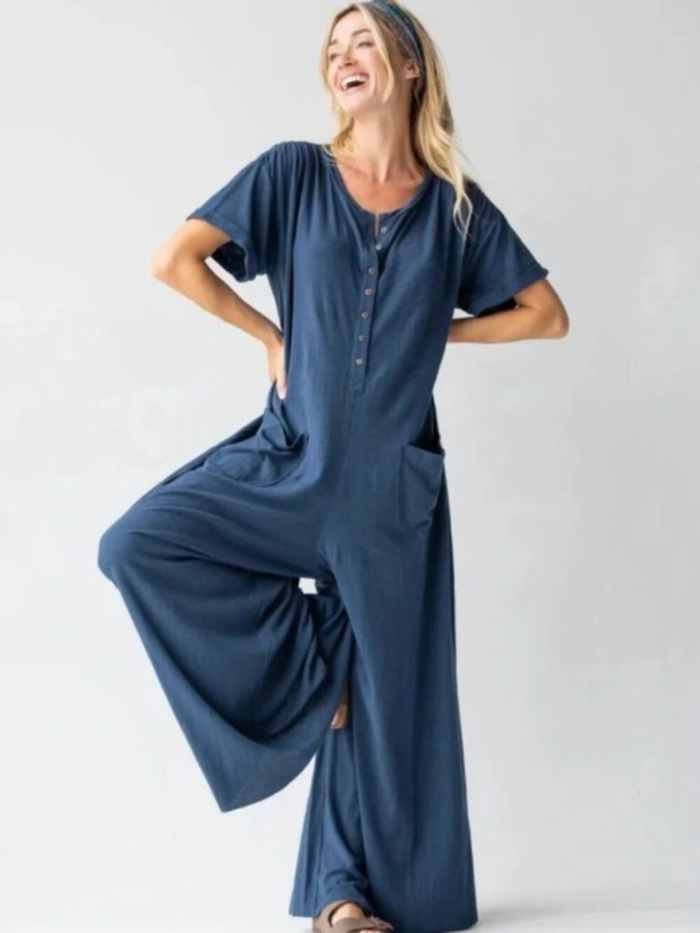 Natural Life Navy Blue Jenna Jumpsuit Size S/M Cotton Linen Blend